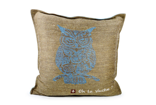 Owl Handwoven Hemp/ Blue Velvet Cushion - Oh La Vache Boutique!
